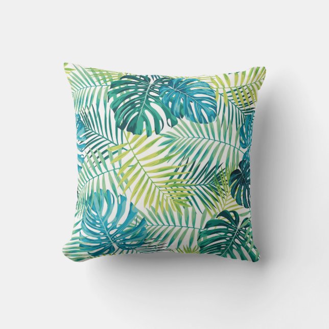 Tropical leaf design featuring green/blue palm and throw pillow (Front)