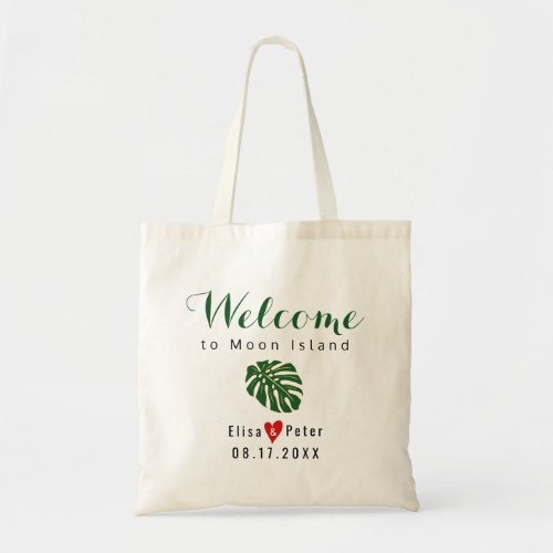 Tropical leaf destination wedding welcome script tote bag