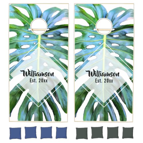 Tropical Leaf Family Name Established Beach Cornhole Set