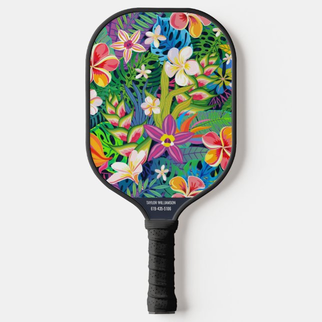 Tropical Leaf Floral Botanical Custom Name Phone # Pickleball Paddle (Front)