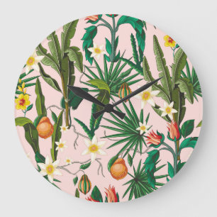 Tropical leaf, flower, fruit pattern. large clock