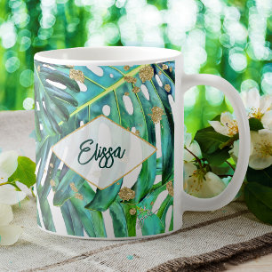 Tropical Leaf Gold Glitter Beach Coffee Mug