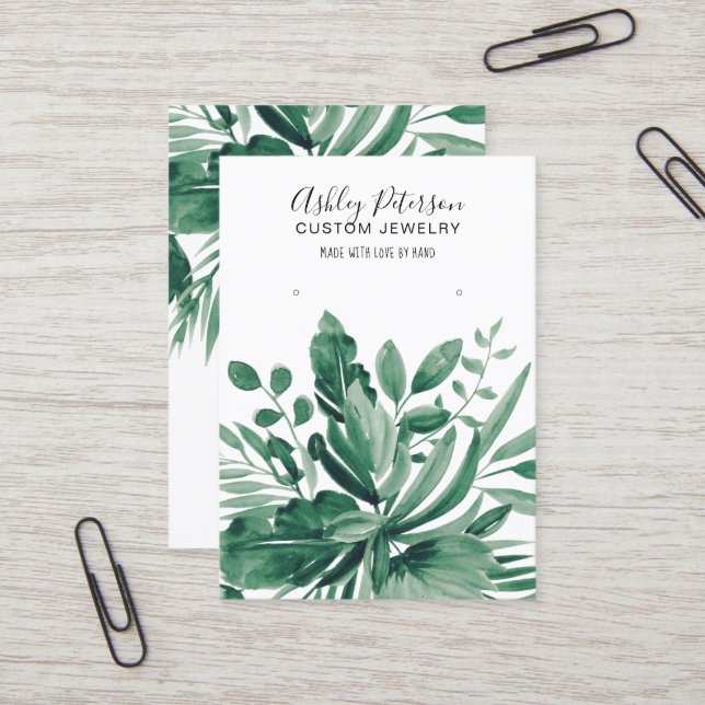 Tropical leaf green  jewelry earring display business card (Front/Back In Situ)
