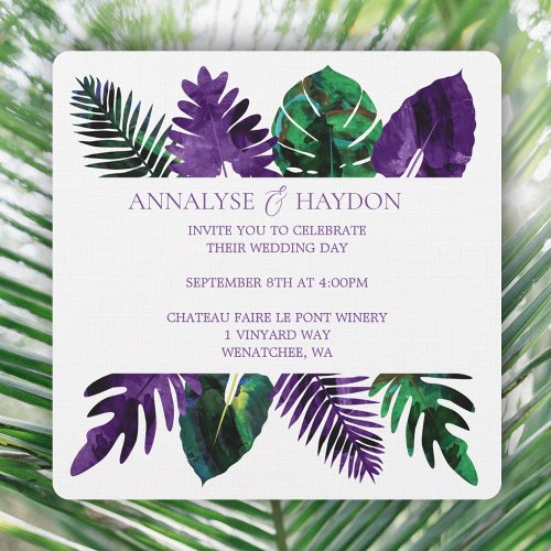 Tropical Leaf Green Plum Purple Leaves Wedding Invitation