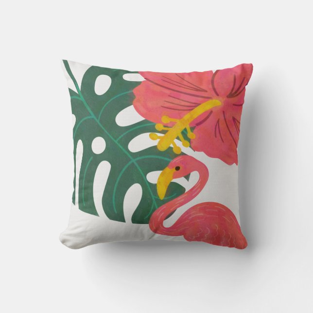 Tropical Leaf, Hibiscus Flower & Flamingo Throw Pillow (Front)