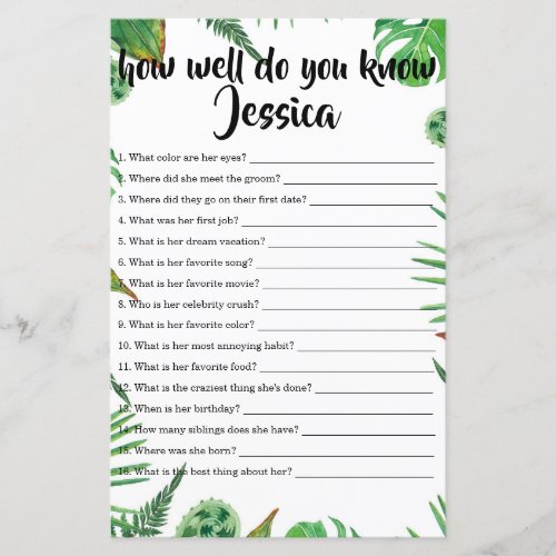 Tropical Leaf How Well Do You Know The Bride Game