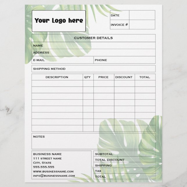Tropical Leaf Invoice Business Sales Form Receipt Letterhead (Front)