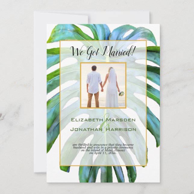 Tropical Leaf Just Married Photo Script Wedding Invitation (Front)