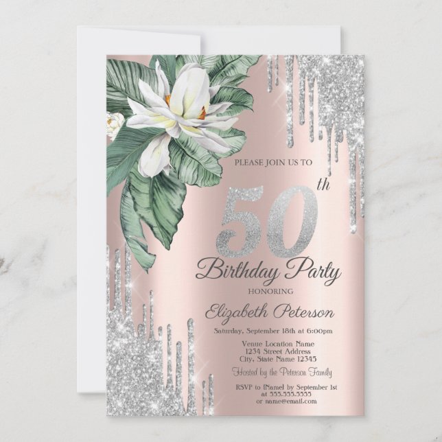 Tropical Leaf Magnolia Drips Rose Gold 50th Invitation (Front)