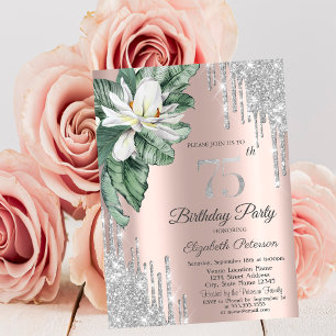 Tropical Leaf Magnolia Rose Gold Drips 75th Invitation