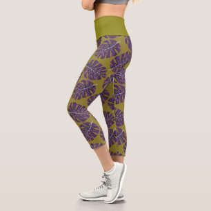 Tropical Leaf Monstera Green Purple Capri Leggings