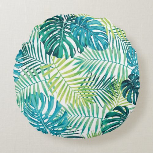 Tropical Leaf Monstera Seamless Design Round Pillow