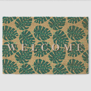 Tropical Leaf Monstera Teal Beige Fiber Doormat