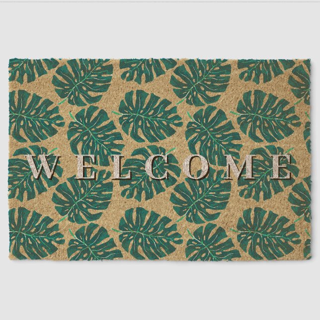Tropical Leaf Monstera Teal Beige Fiber Doormat (Front)