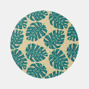 Tropical Leaf Monstera Teal Beige Outdoor Rug