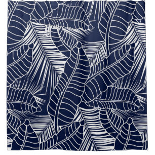 Tropical leaf, navy blue background shower curtain