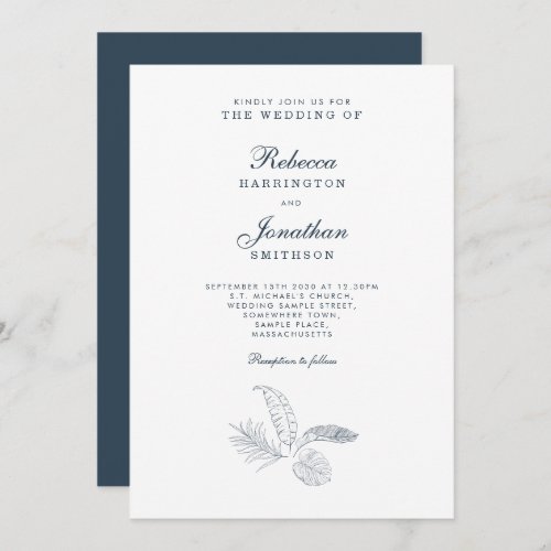 Tropical Leaf Navy Minimal Wedding Invitation Card