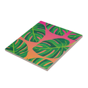 Tropical Leaf Orange Pink Decorative Ceramic Tile