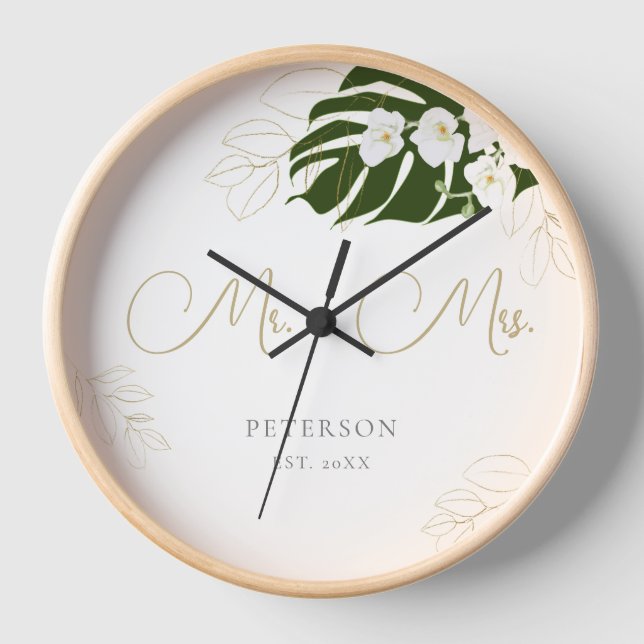Tropical Leaf Orchids Wedding Anniversary Keepsake Clock (Front)