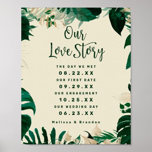 Tropical Leaf Our Love Story Timeline Wedding Sign