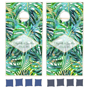 Tropical Leaf Pattern Beach Wedding Reception Cornhole Set