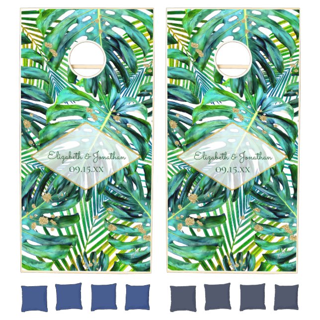 Tropical Leaf Pattern Beach Wedding Reception Cornhole Set (Set)
