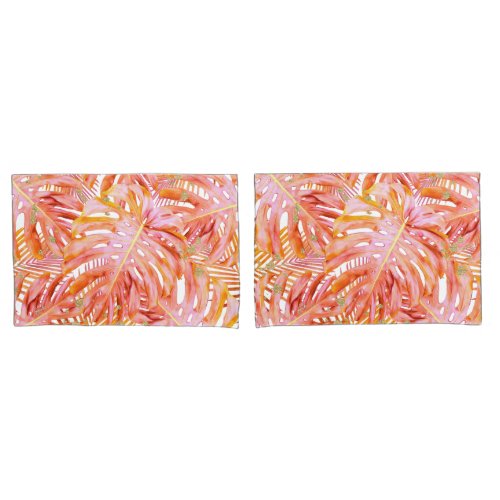 Tropical Leaf Pattern Coral Rose Gold Glitter Pillow Case