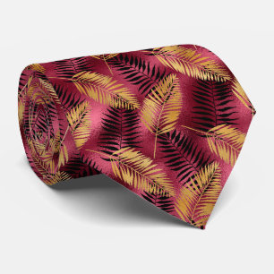 Tropical leaf pattern gold burgundy neck tie