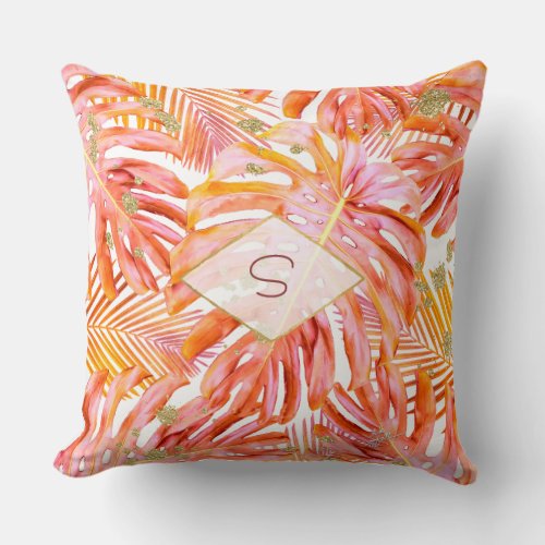 Tropical Leaf Pattern Monogram Coral  Rose Gold Throw Pillow