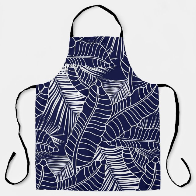 tropical leaf pattern on the navy blue background apron (Front)