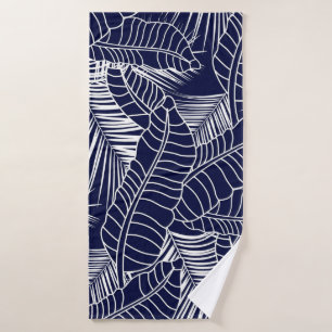tropical leaf pattern on the navy blue background bath towel