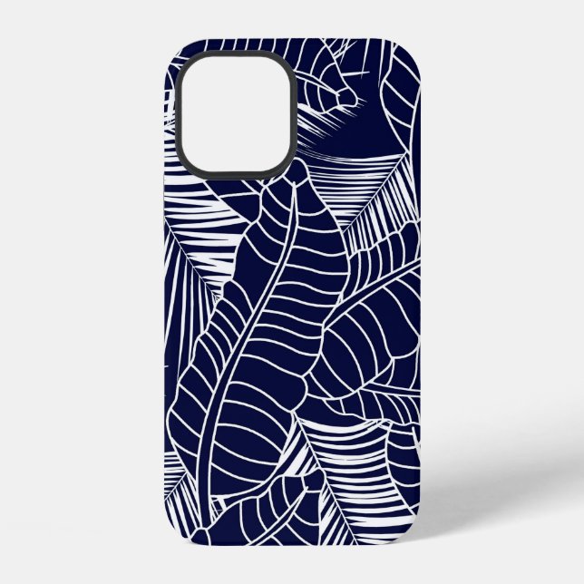 tropical leaf pattern on the navy blue background iphone case (Back)
