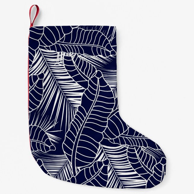 tropical leaf pattern on the navy blue background small christmas stocking (Front)