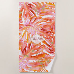 Tropical Leaf Pattern Palm Coral Rose Gold Glitter Beach Towel