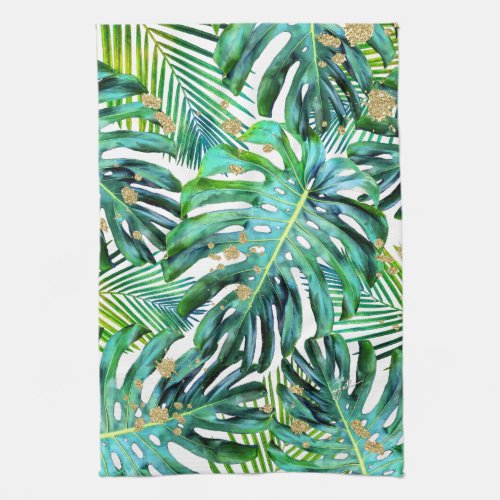 Tropical Leaf Pattern Palm Fronds Gold Glitter Kitchen Towel