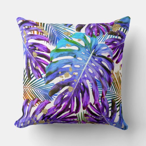 Tropical Leaf Pattern Purple Blue Gold Glitter Throw Pillow