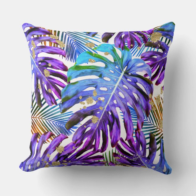 Tropical Leaf Pattern Purple Blue Gold Glitter Throw Pillow (Front)