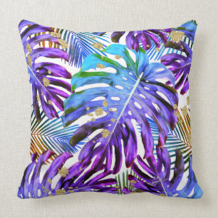 Tropical Leaf Pattern Purple Blue Gold Glitter Throw Pillow
