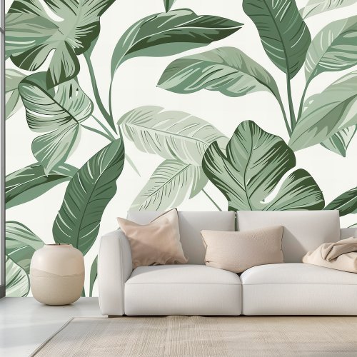 Tropical Leaf Pattern  Seamless Sage Green Wallpaper
