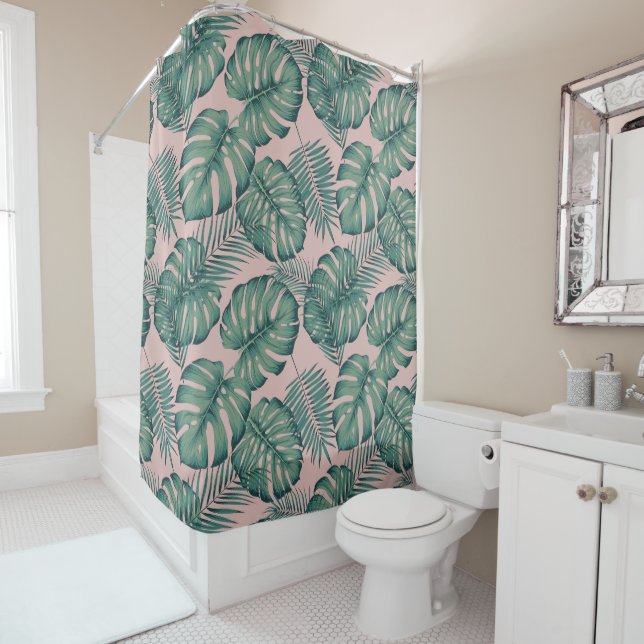 Tropical Leaf Pattern Shower Curtain (In Situ)