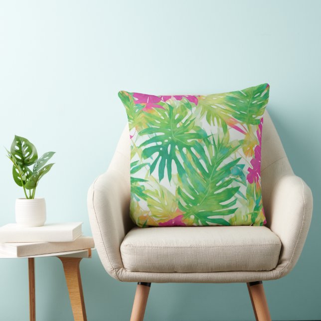 Tropical Leaf Pattern - Watercolor Jungle Fabric  Throw Pillow (Chair)