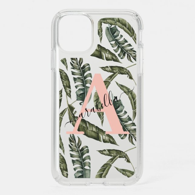 Tropical leaf personalized name and initial speck iPhone 11 case (Front)