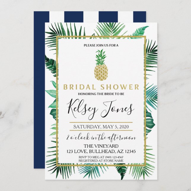 Tropical Leaf Pineapple Navy and White stripe Invitation (Front/Back)