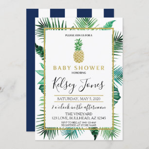 Tropical Leaf Pineapple Navy and White stripe Invitation