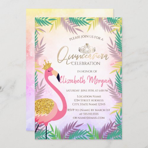 Tropical  Leaf Pink Flamingo Quinceaera Invitation