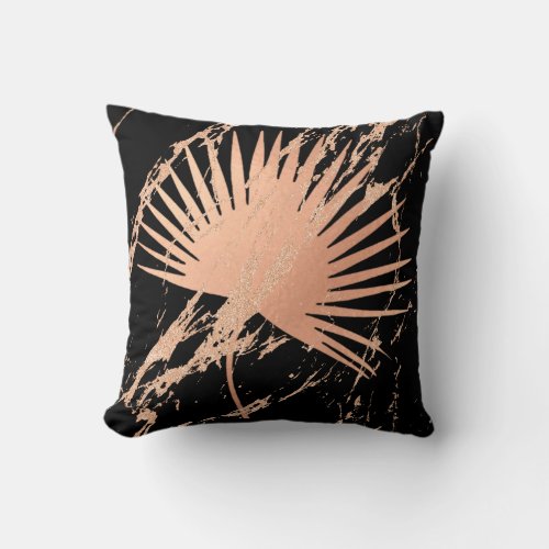 Tropical Leaf Pink Rose Gold Blush Abstract Black Throw Pillow