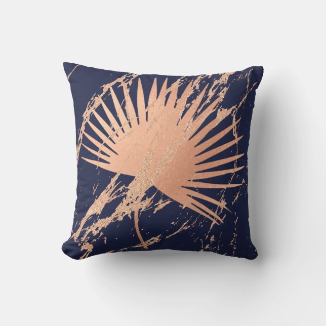 Tropical Leaf Pink Rose Gold Blush Botanic Navy Throw Pillow (Front)