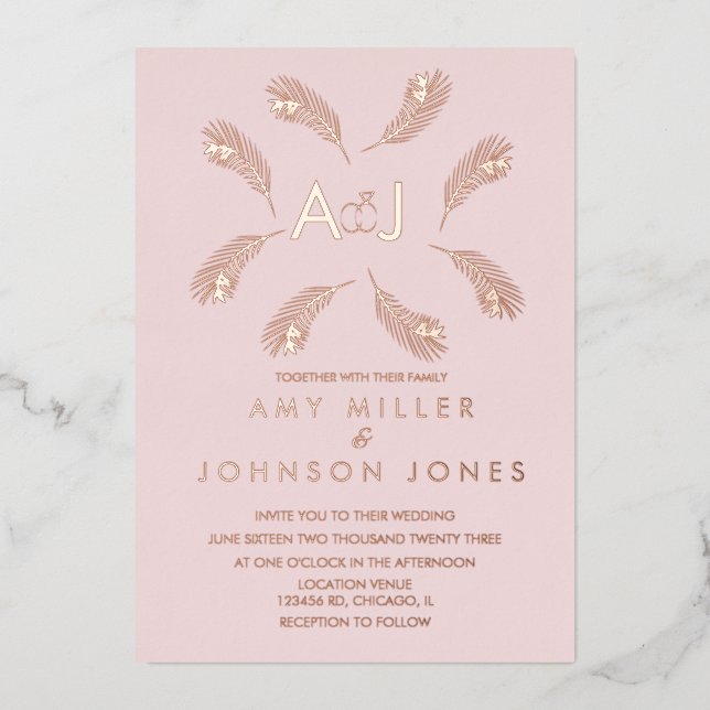 Tropical Leaf Ring Sage Wedding Pressed   Foil Inv Invitation (Front)