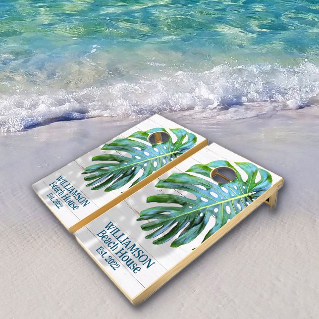 Tropical Leaf Shadow Rustic Wood Beach House Cornhole Set (Creator Uploaded)