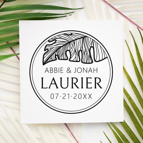 Tropical Leaf Sketch  Newlyweds Wedding Date Self_inking Stamp